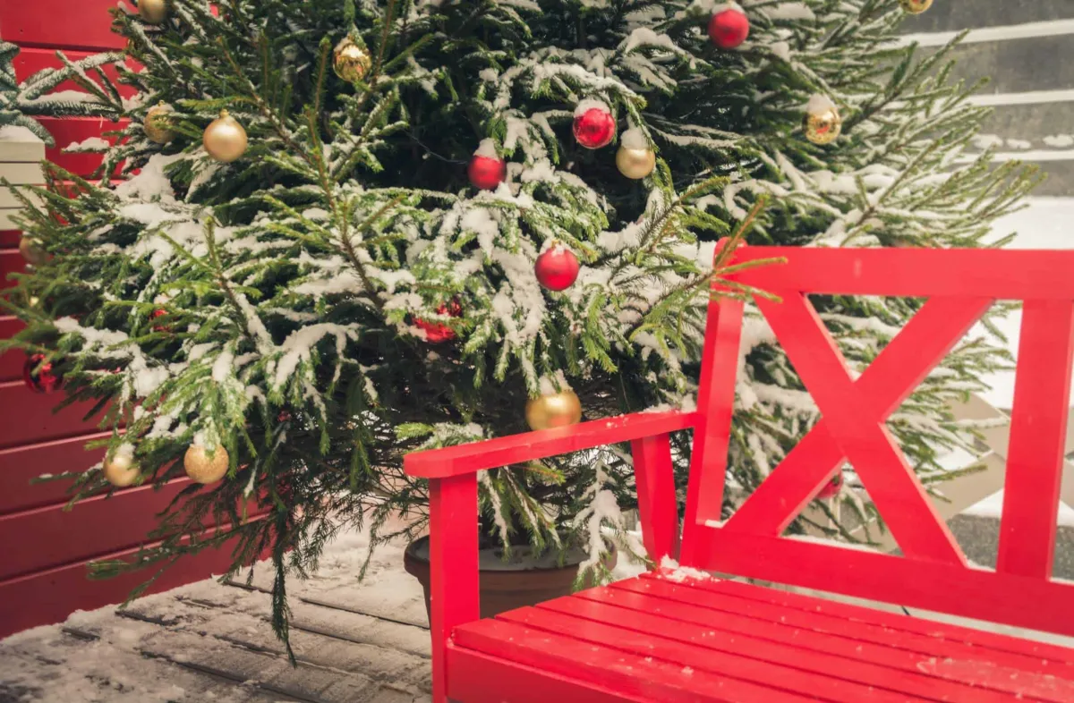 weihnachtsdeko für draußen tannenbaum schmücken rote holzbank