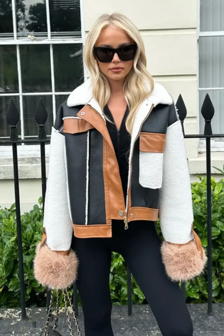 winterjacke trends 2023 2024 damen shearling jacken pachwork in braun weiss schwarz mit leggings
