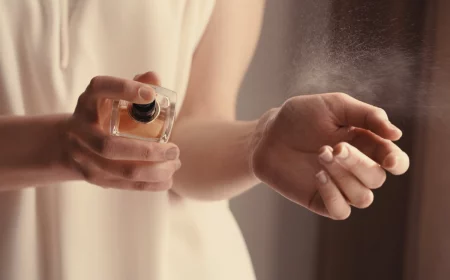 frau sprüht parfüm auf handgelenke