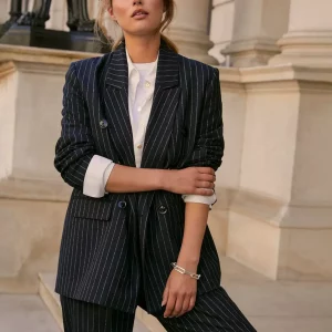 business look frauen 2024 gestreifter hosenanzug in schwarz
