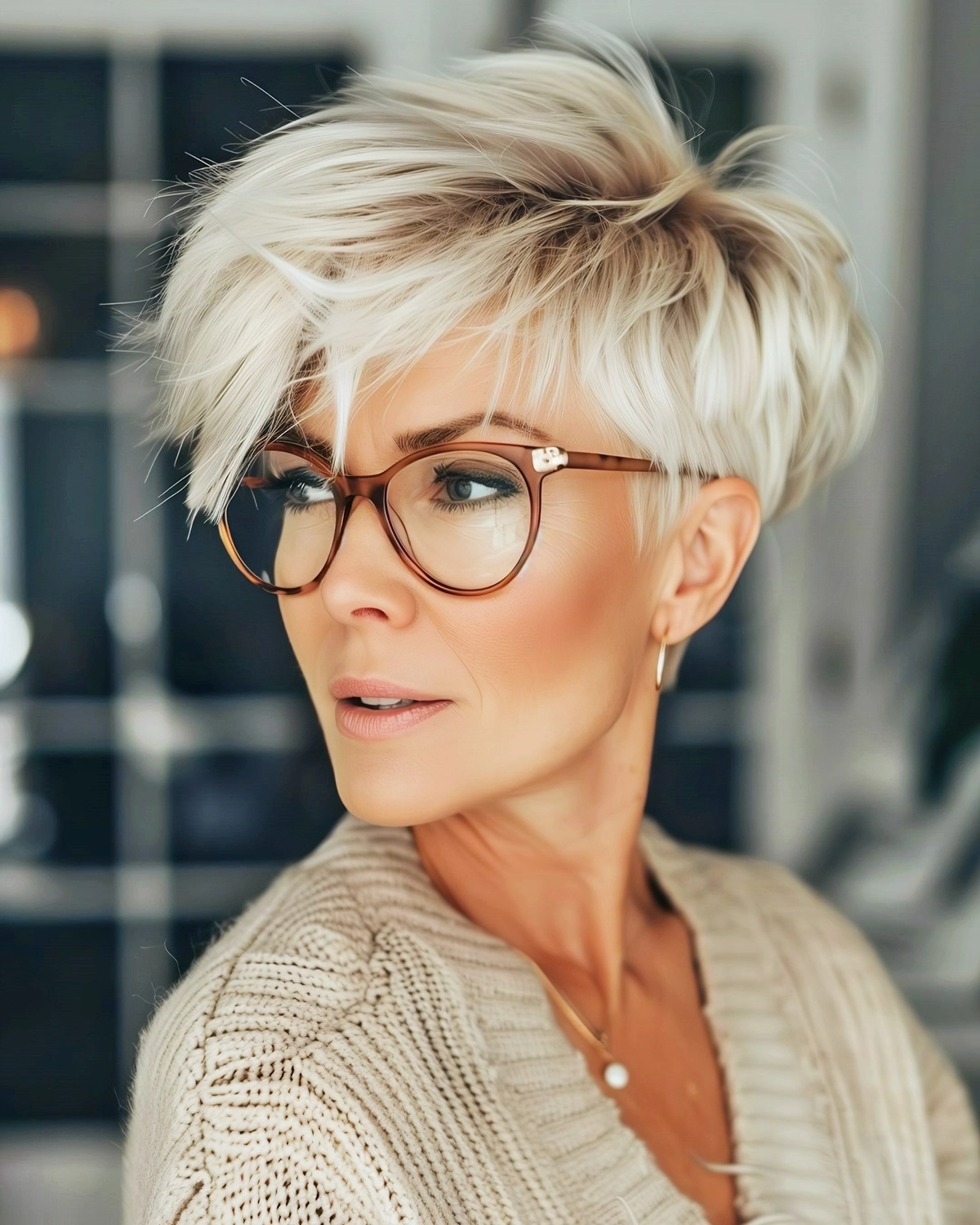 frisuren ab 60 die juenger machen mit brille platinblonder pixie cut mit langem deckhaat und pony