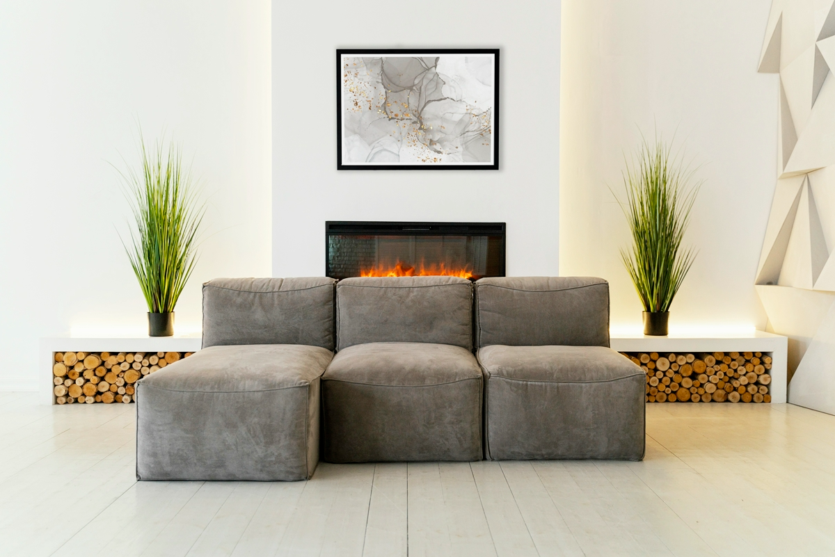 modulares sofa in grau kleines chouch kamin wohnzimmer gestaltung