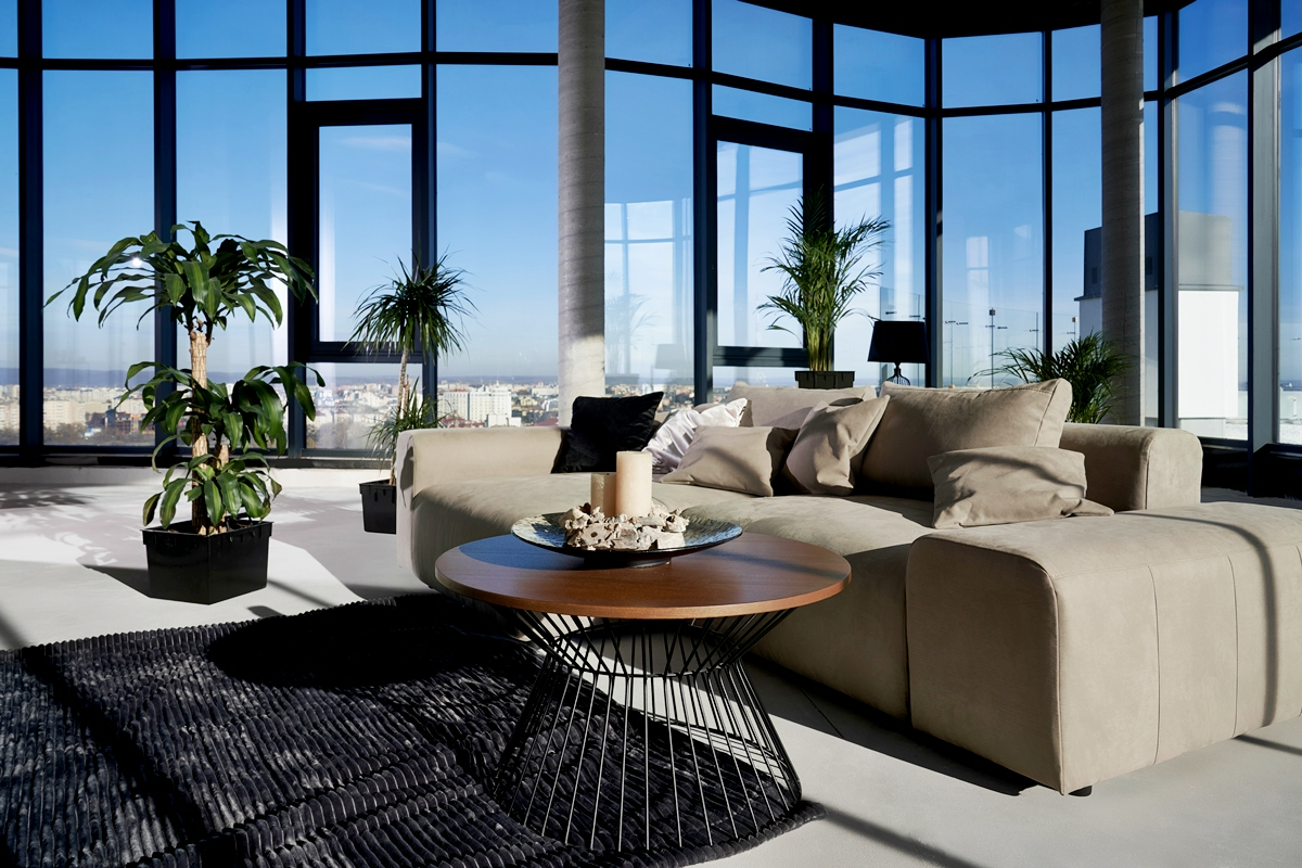 wintergarten anbau wohnzimmer moderne wintergarteneinrichtung grosses graues sofa