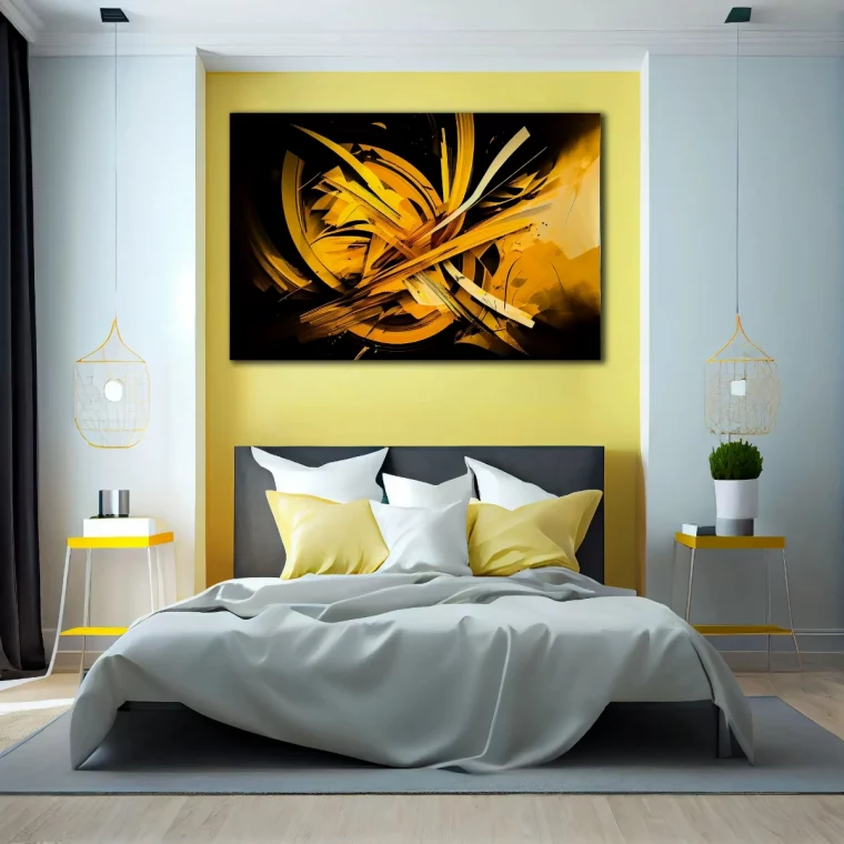 wandgestaltung im schlafzimmer abstraktes bild raumgestaltung in grau und gelb
