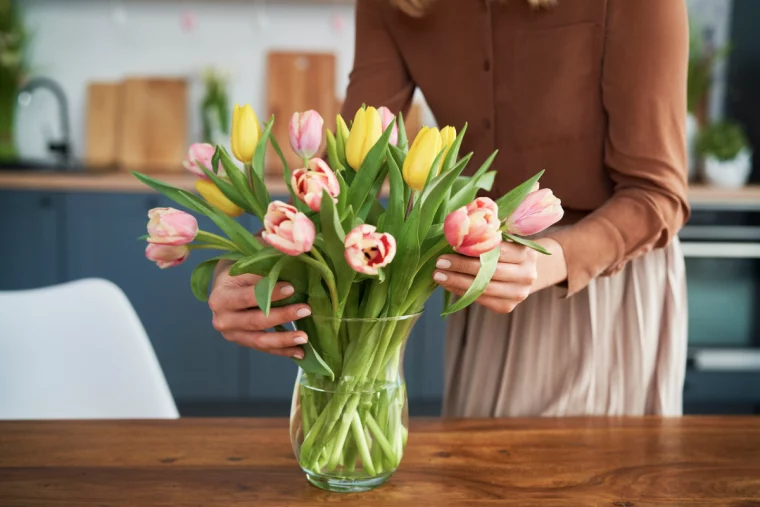 frau arrangiert tulpenstrauß