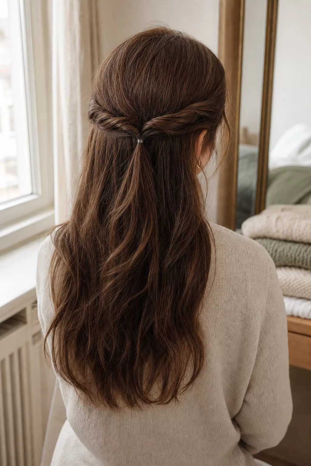 Half-Up-Twist Frisur von hinten bei mittellangem Haar