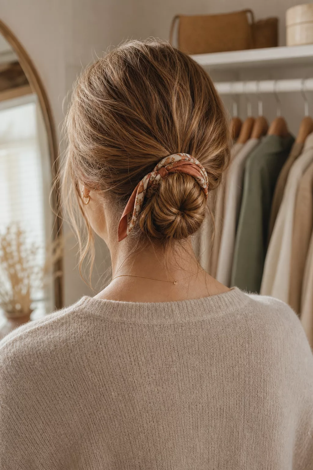 Low Bun mit Seidenschal umwickelt, Rückansicht der Frisur