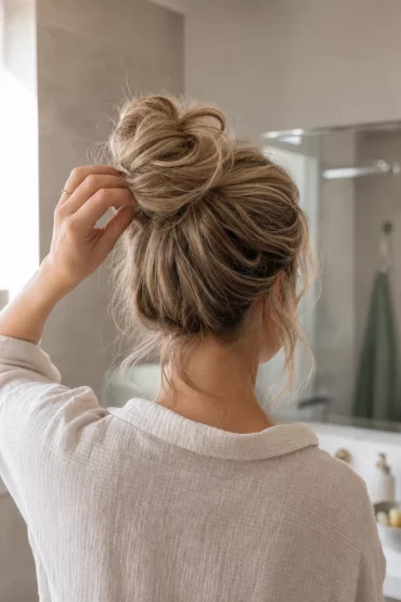 Messy Bun als einfache Frisur für mittellanges Haar