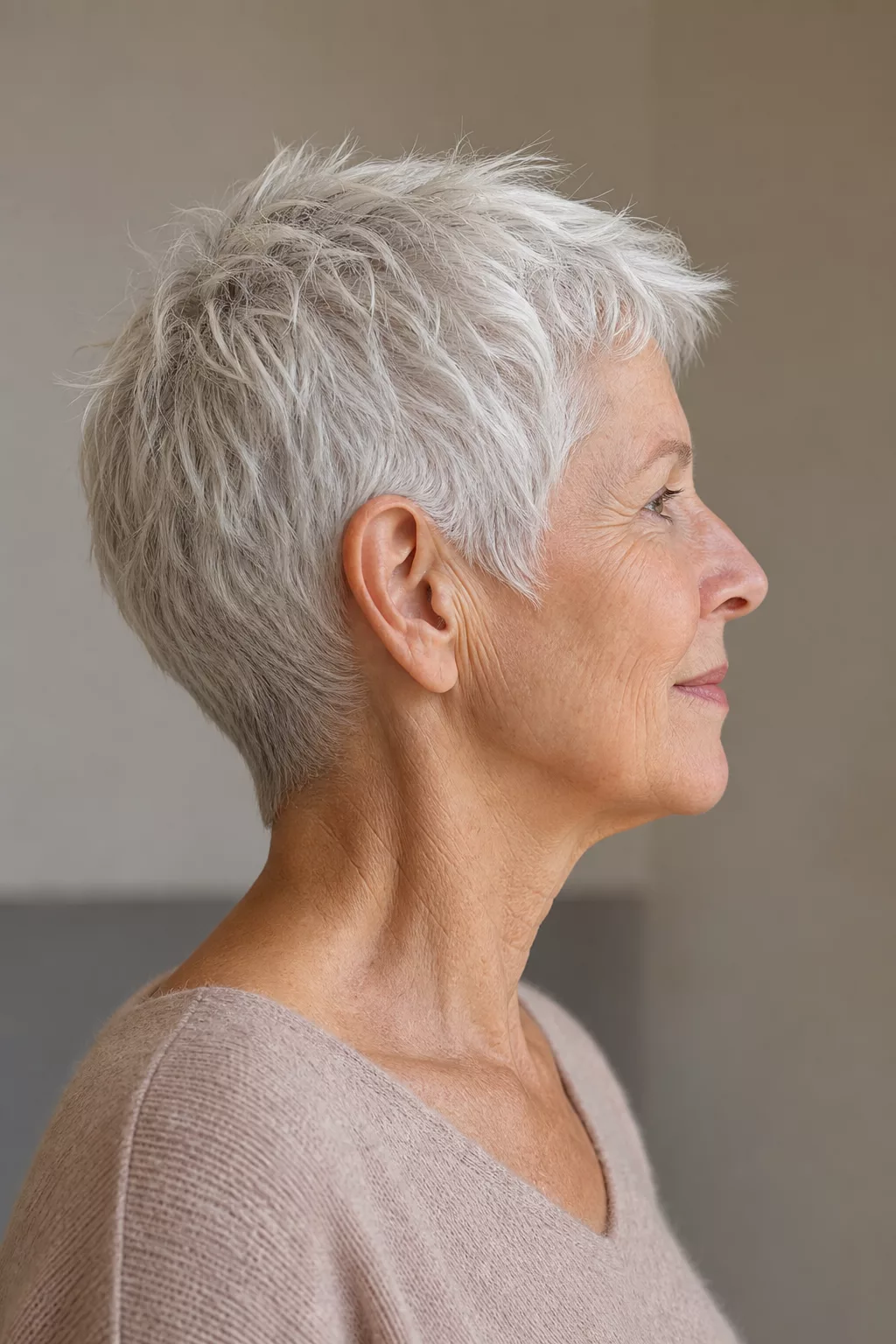 Kurzer, silberner Pixie-Cut mit Textur von der Seite