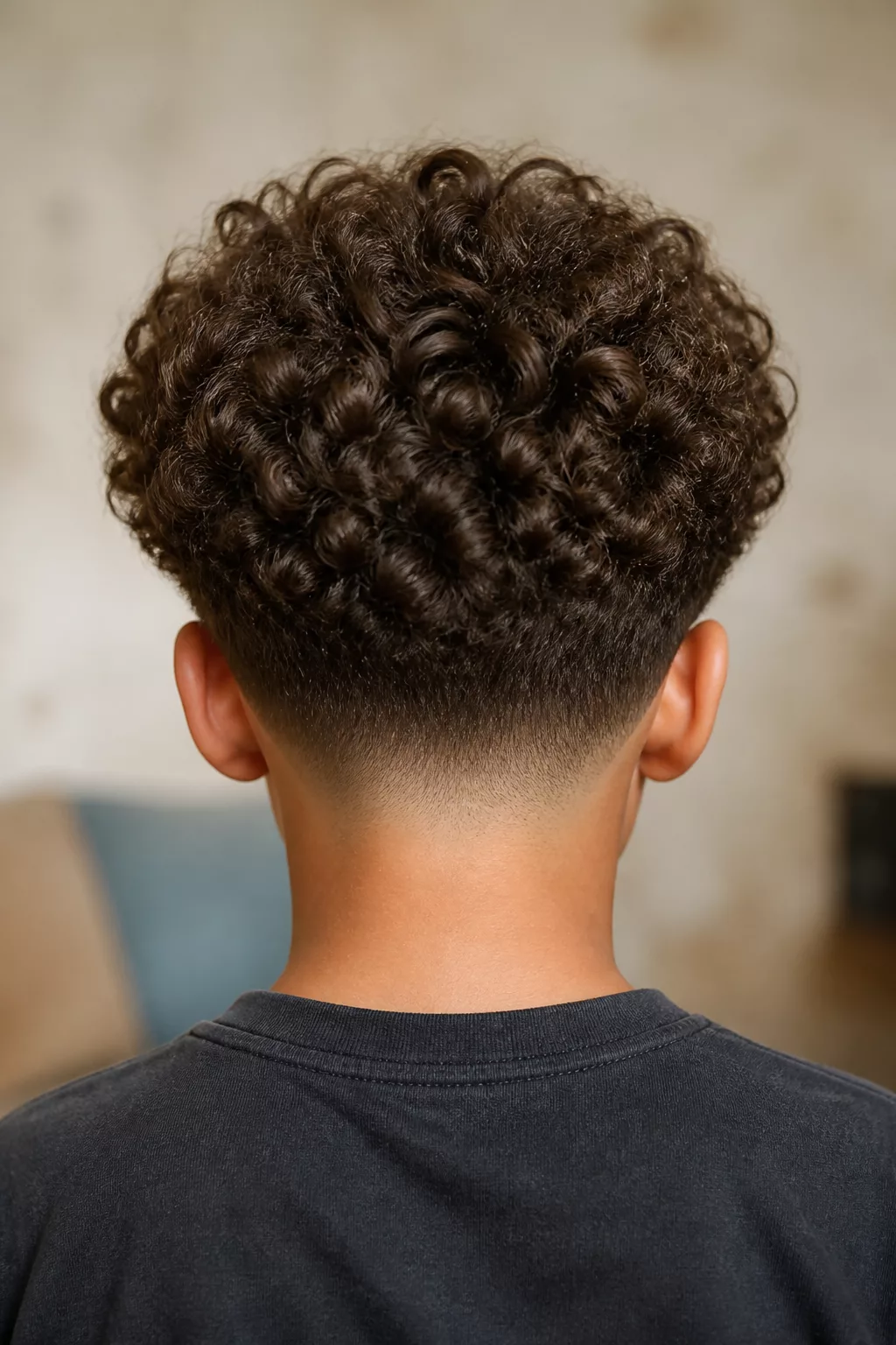 Hinterkopf eines Jungen mit Curly Crop, Locken oben und Fade an den Seiten