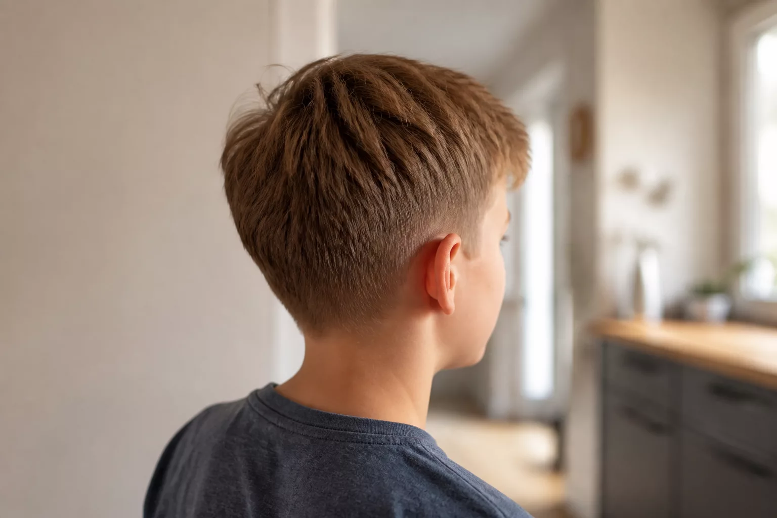 Frisur eines Jungen von hinten, ungestylt am Morgen und trotzdem in Form