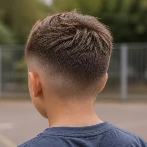 Textured Crop mit Low Fade von hinten, trendy Frisur für Jungs 2026