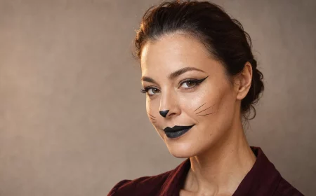 Frau schminkt sich als Katze, schwarzer Winged Liner, feine Schnurrhaare, sanftes Contouring