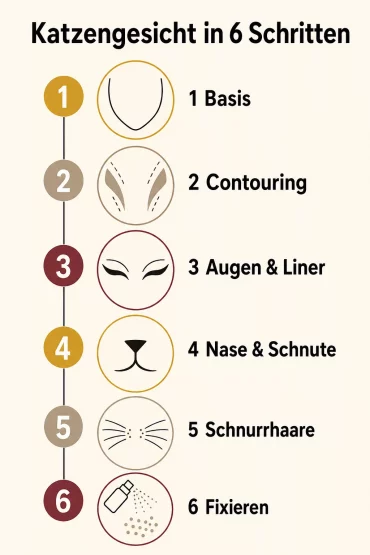 Infografik, sechs Schritte zum fertigen Katzengesicht-Make-up im Überblick