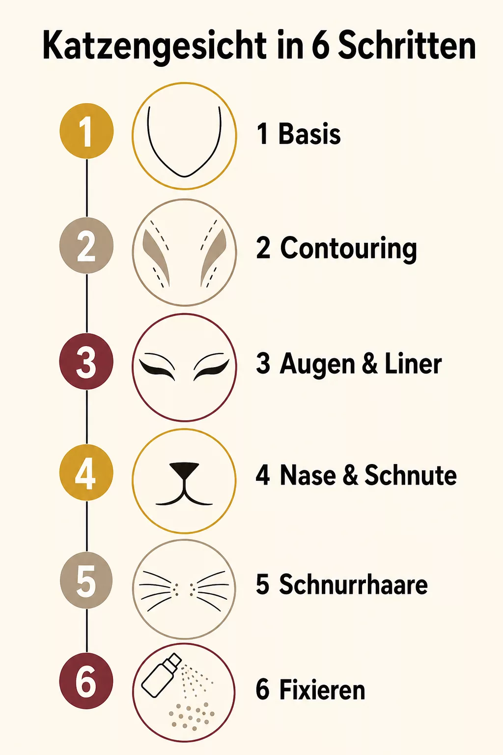 Infografik, sechs Schritte zum fertigen Katzengesicht-Make-up im Überblick