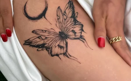 tattoo am oberschenkel großer schmetterling mit halbmond