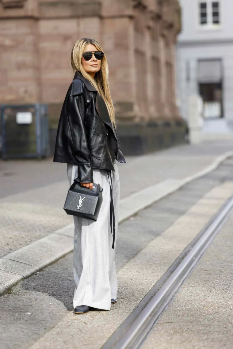 palazzo hose und lederjacke