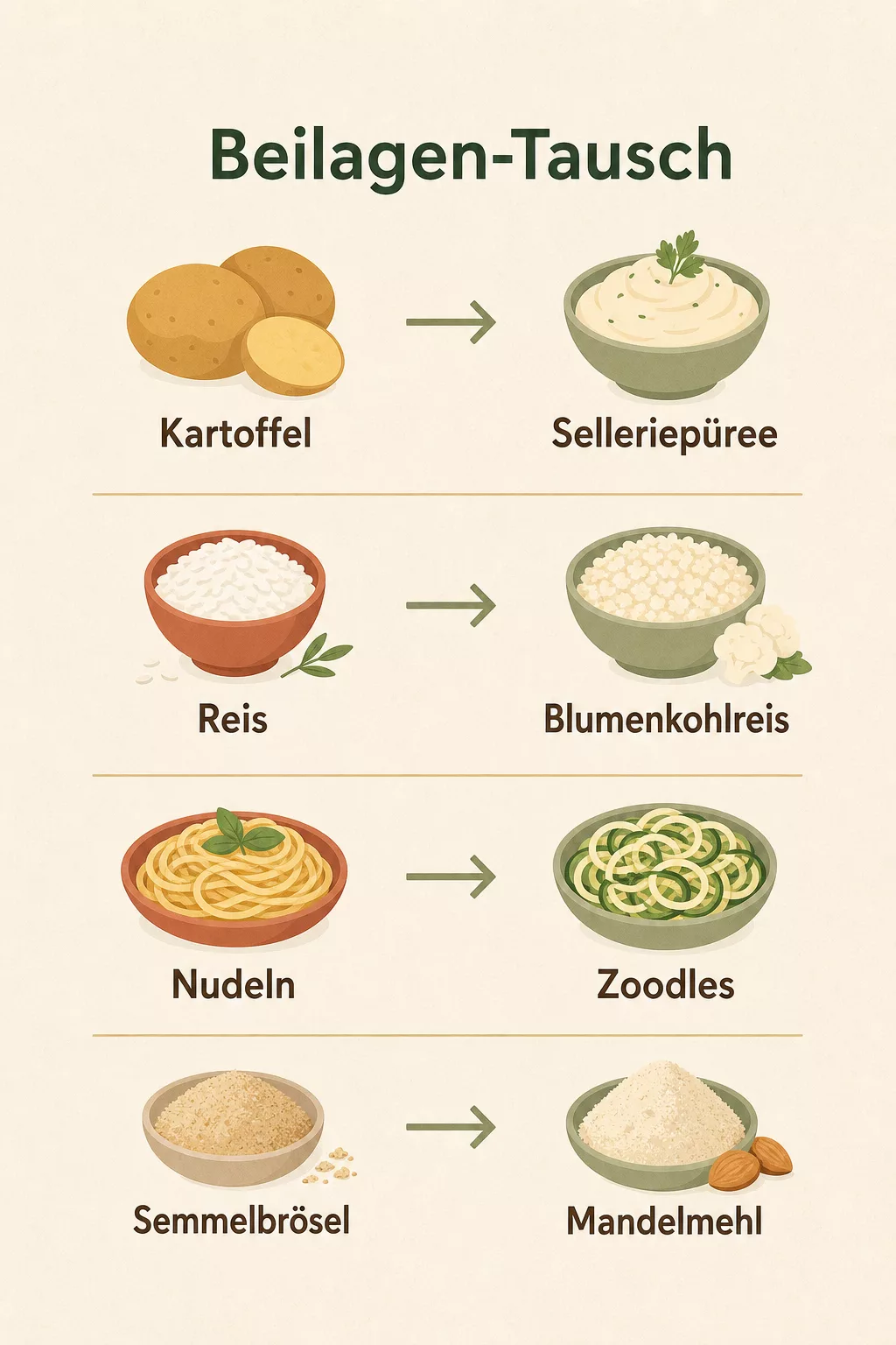 Infografik: klassische Beilagen gegen Low-Carb-Alternativen tauschen