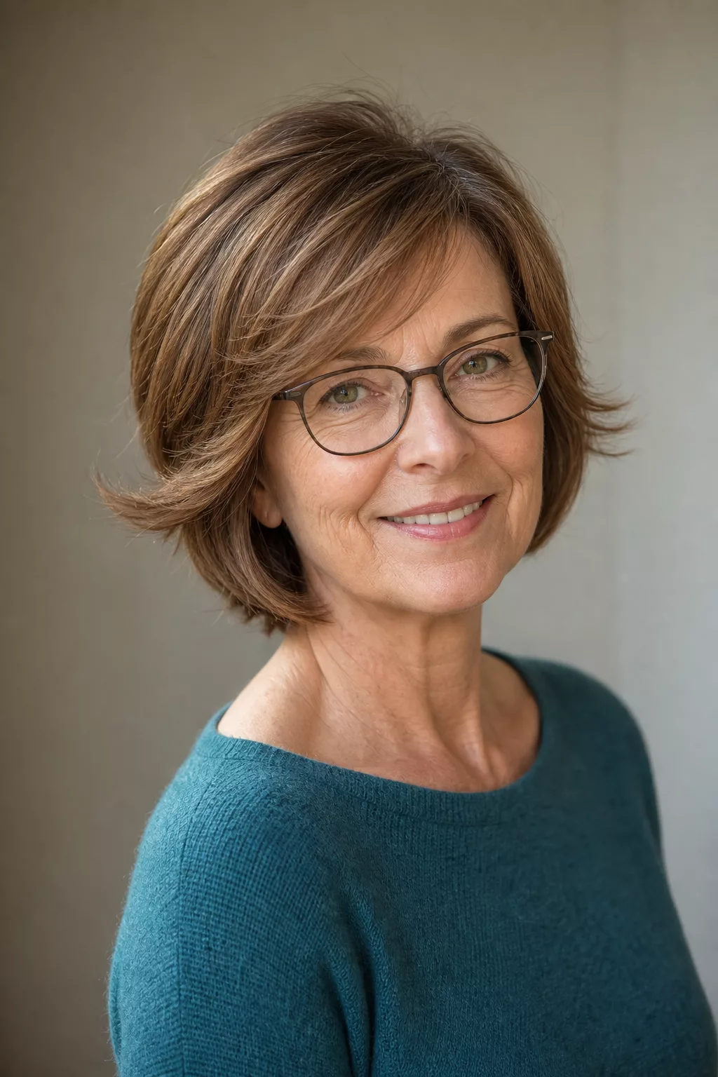 Feathered Bob Frisur mit Brille für ältere Damen