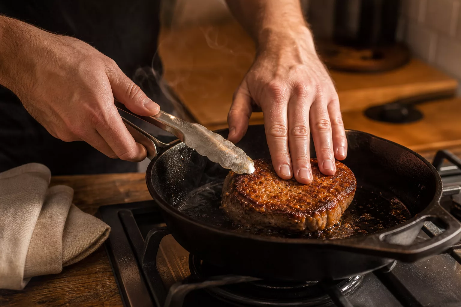 Hände braten Fleisch in einer schweren Pfanne für eine Kruste an