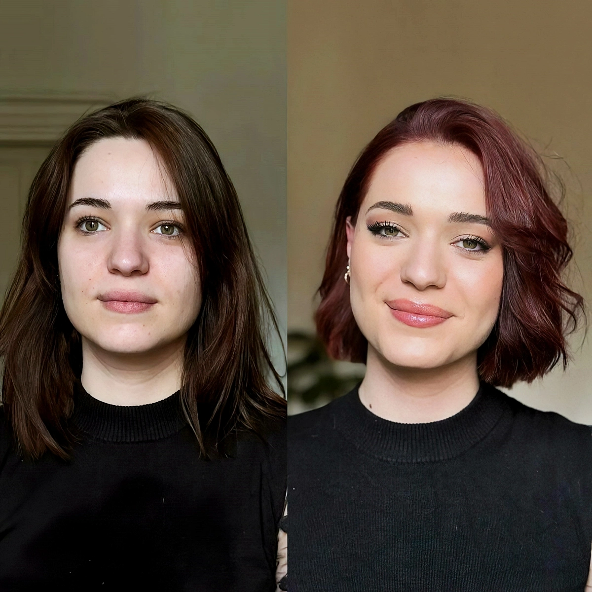 frisuren gesicht rund vorher nachher foto dunkelroter bob mit seitensheitel amelie become you