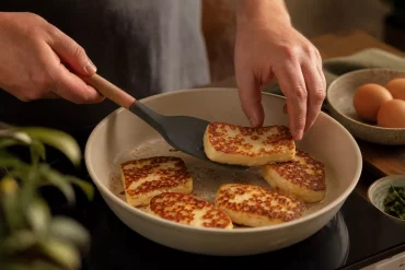 Hände braten Halloumi-Scheiben goldbraun in einer Pfanne an