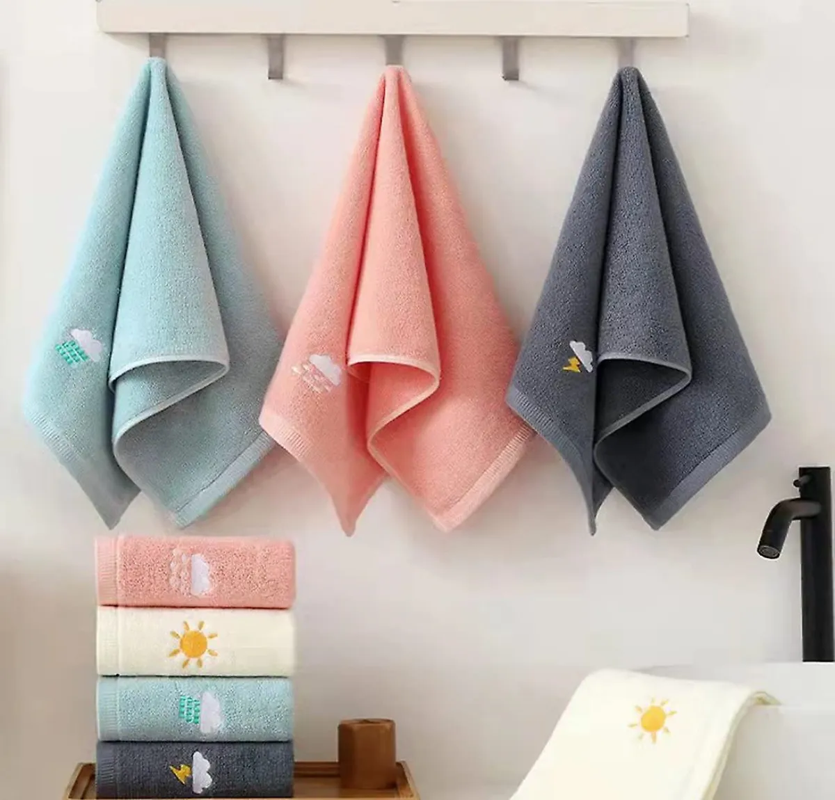 handtücher aus baumwolle drei farben blau rosa grau