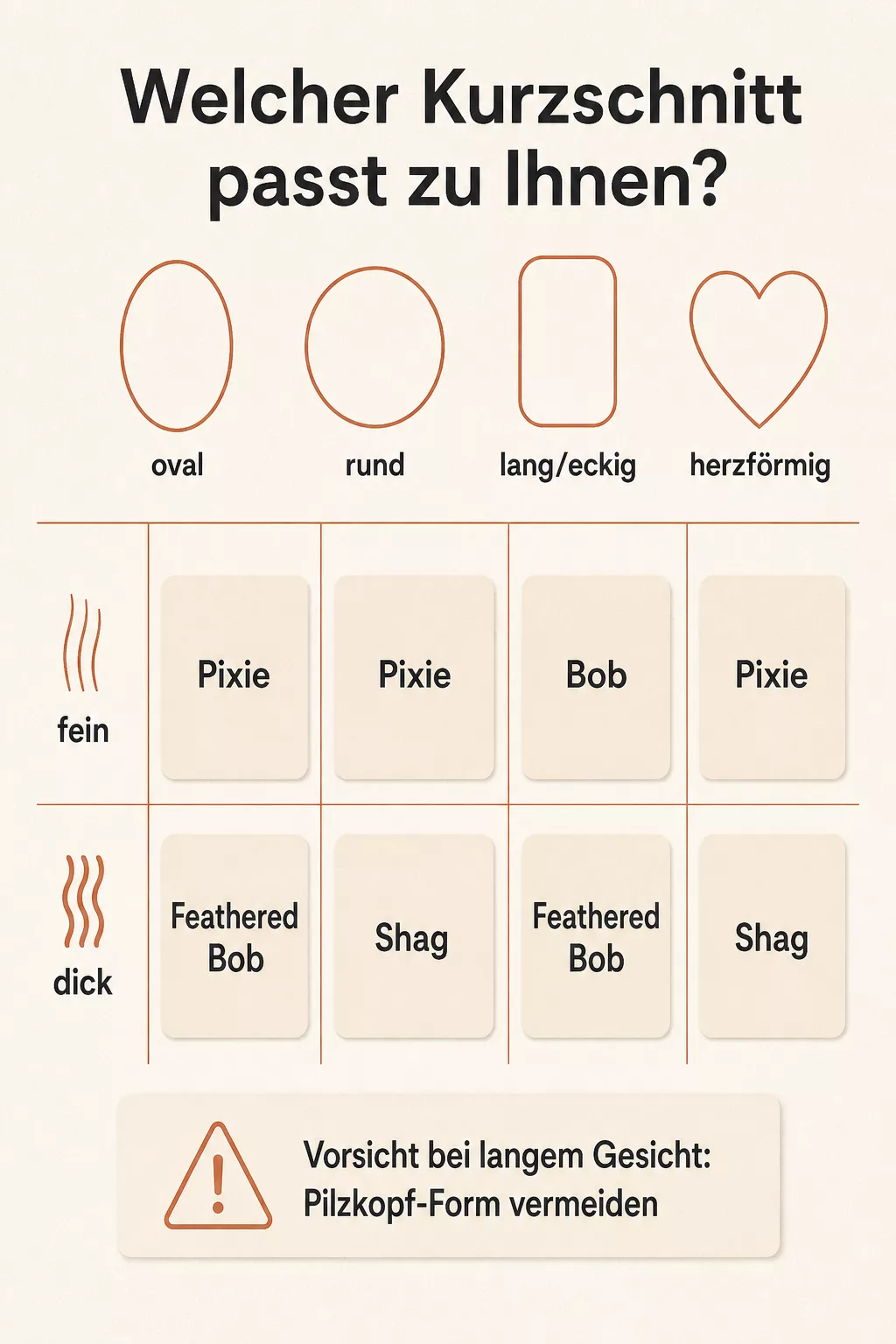 Infografik, passende Kurzhaarfrisur nach Gesichtsform und Haarstruktur