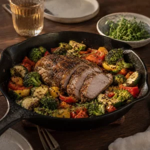 Low-Carb-Abendessen mit gebratenem Fleisch und buntem Saisongemüse