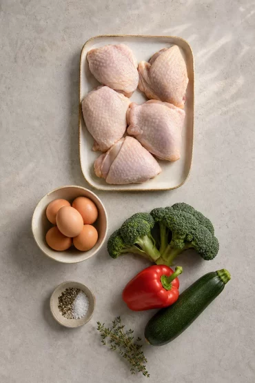 Zutaten für günstiges Low-Carb-Abendessen: Hähnchenschenkel, Eier, Gemüse