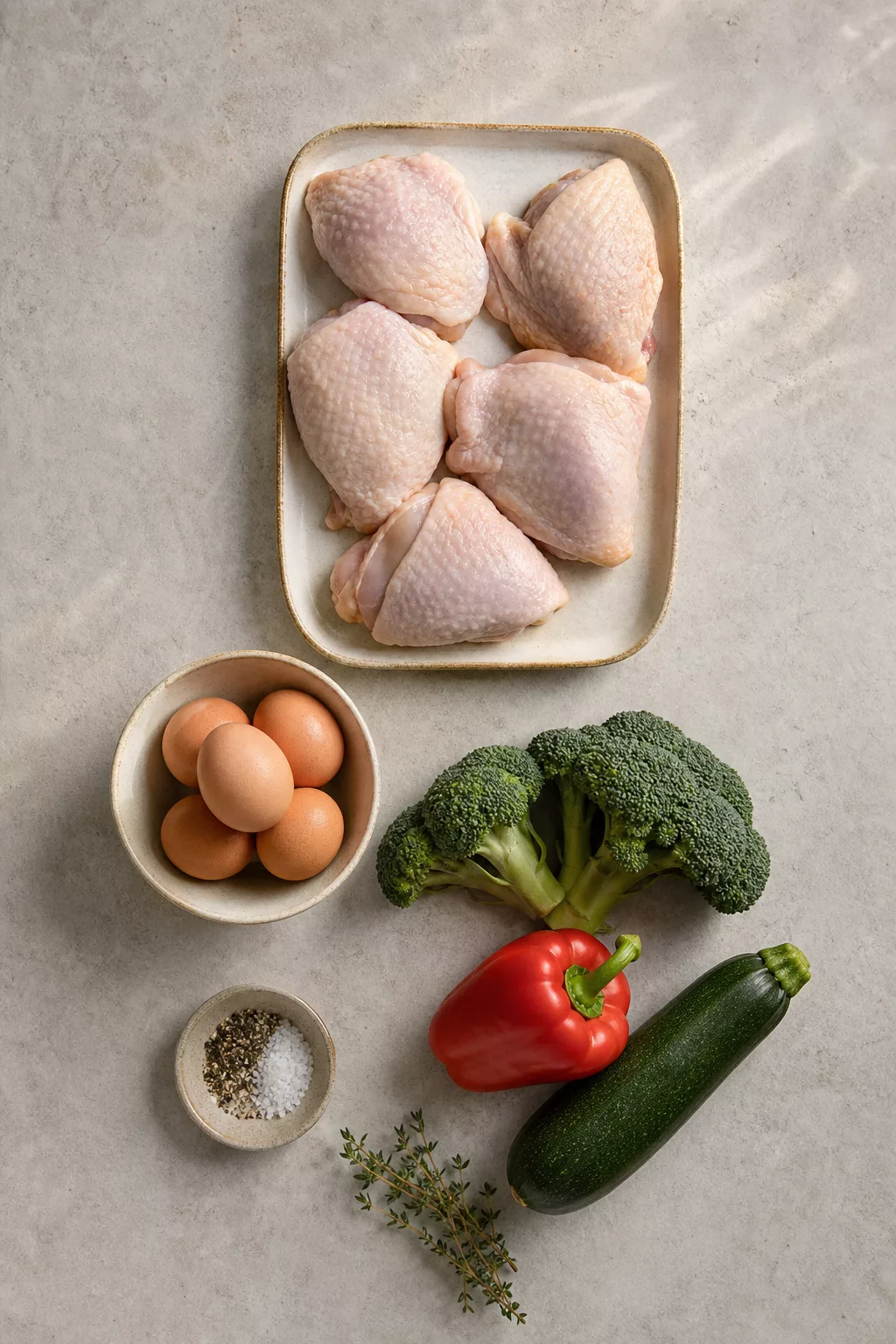 Zutaten für günstiges Low-Carb-Abendessen: Hähnchenschenkel, Eier, Gemüse