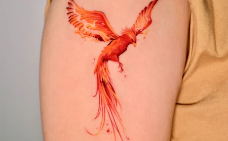 orangefarbenes phönix tattoo auf dem arm einer frau