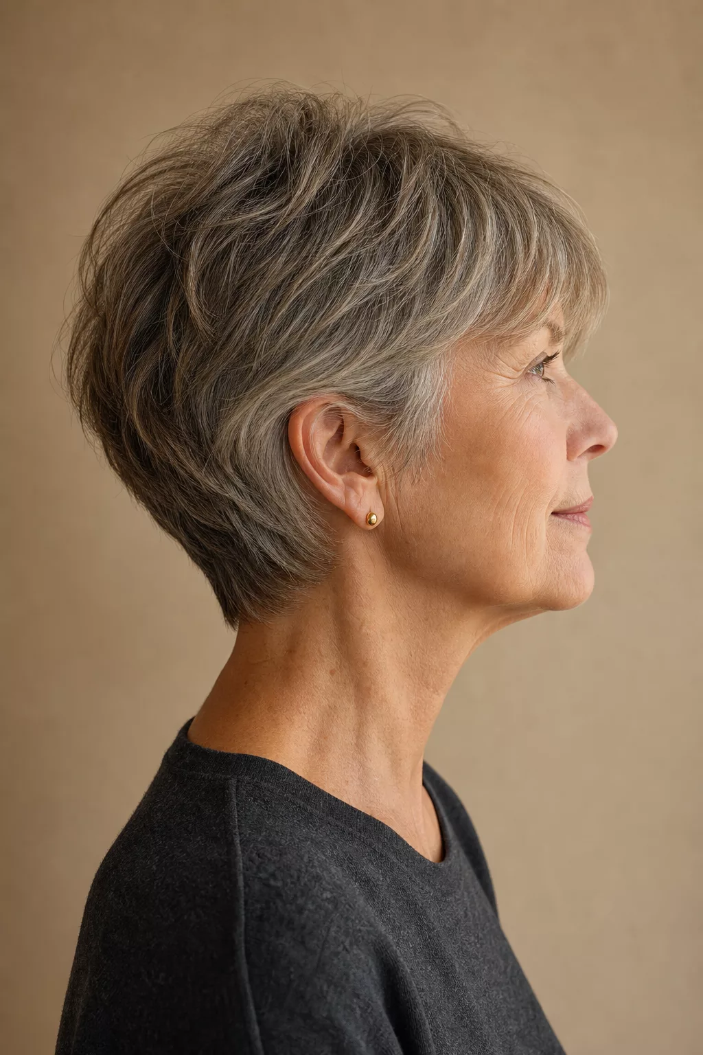 Langer softer Pixie Cut in Pfeffer-Salz-Grau, Seitenprofil