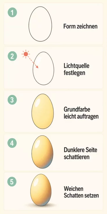 Infografik mit fünf Schritten zum plastisch wirkenden 3D-Osterei