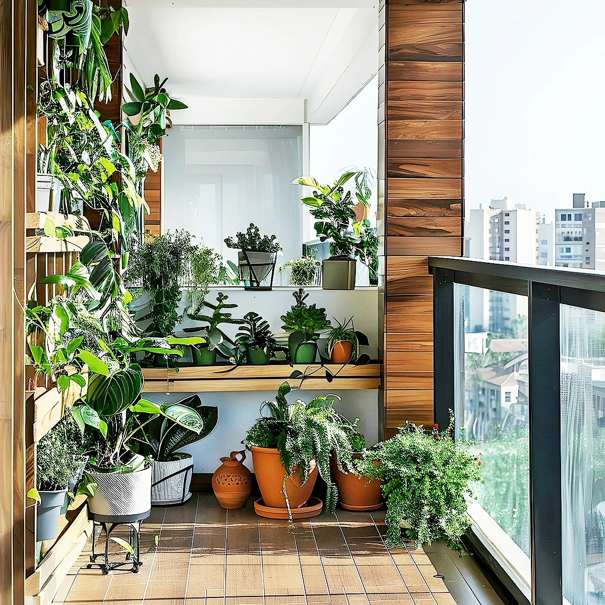 balkon sichtschutz mit pflanzen regale mit pflanztoepfe 