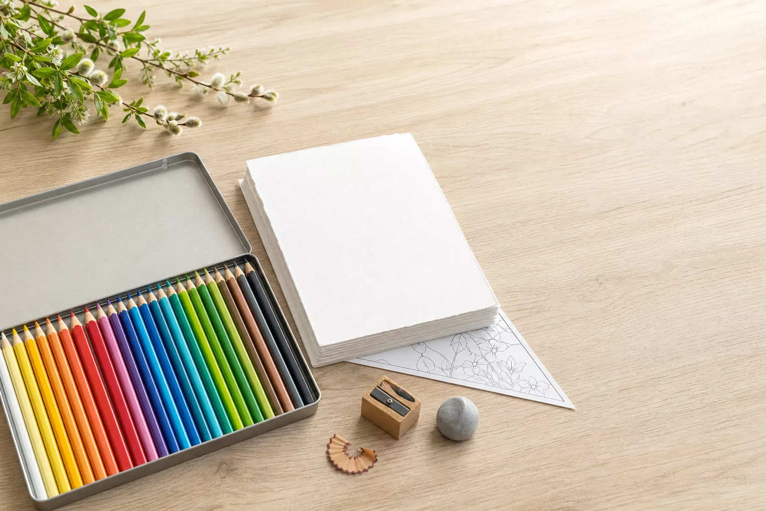 Buntstifte, Zeichenkarton und Spitzer als Material-Flatlay für Osterbilder
