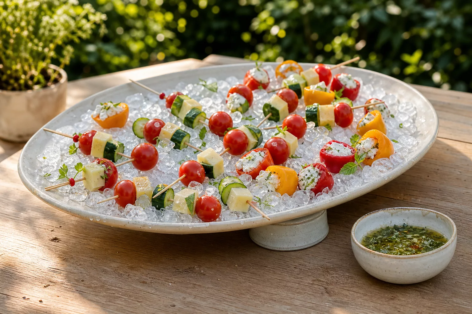 Buntes Fingerfood auf Crushed Ice appetitlich angerichtet