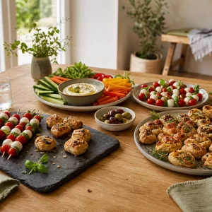 Schnelle Fingerfood Rezepte: bunte Häppchen-Auswahl auf dem Partytisch