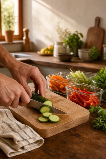 Hände bereiten Gemüse und Zutaten für Fingerfood am Vortag vor