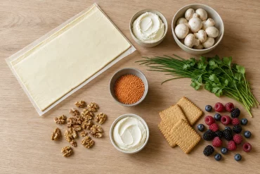 Zutaten für schnelle Fingerfood Rezepte: Blätterteig, Frischkäse und Kräuter