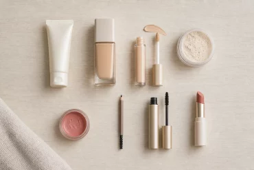 Acht Make-up Grundprodukte als Flatlay ohne sichtbare Markennamen