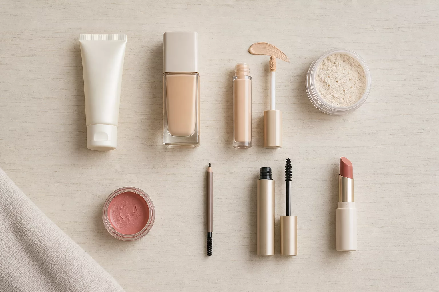 Acht Make-up Grundprodukte als Flatlay ohne sichtbare Markennamen