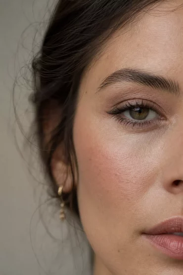 Nahaufnahme von Wange und Auge mit frischem, natürlichem Tages-Make-up