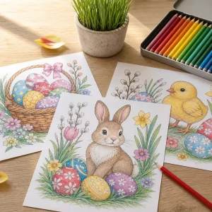 Osterbilder zum Ausmalen: Hase, bunte Eier und Küken auf Tisch