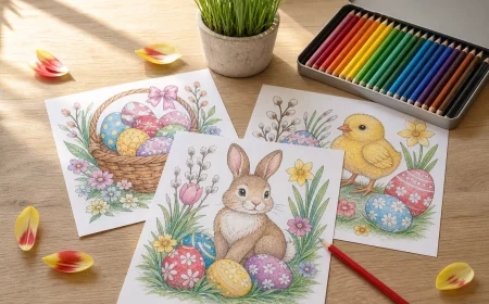 Osterbilder zum Ausmalen: Hase, bunte Eier und Küken auf Tisch