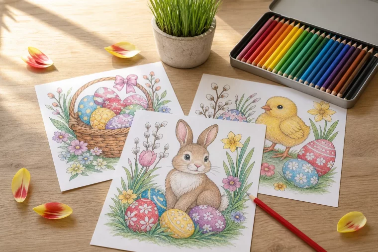 Osterbilder zum Ausmalen: Hase, bunte Eier und Küken auf Tisch