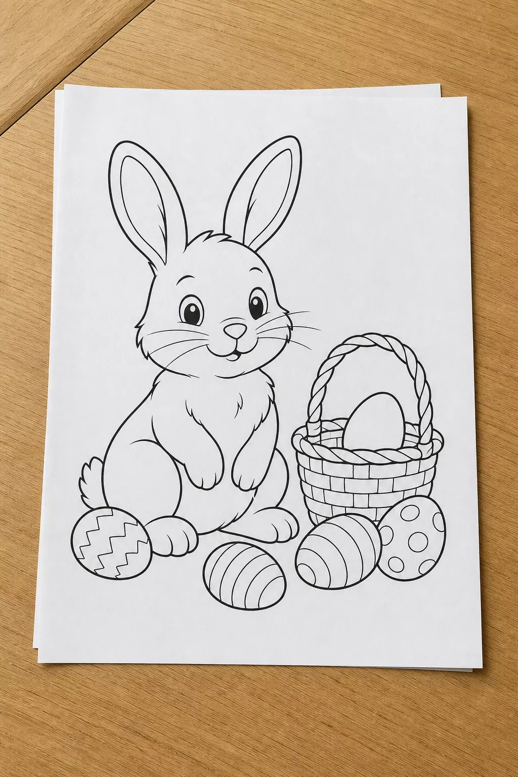 Unbemalte Ausmalvorlage mit Osterhase und Ostereiern als Linienzeichnung