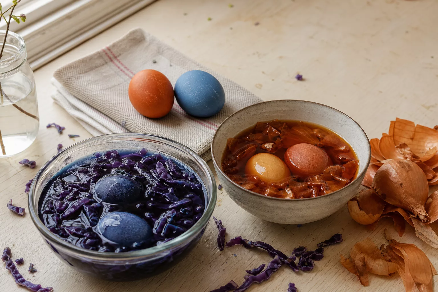 Natürlich gefärbte Ostereier in Rotkohl- und Zwiebelschalen-Sud