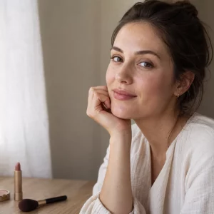 Schminken für Anfänger, junge Frau mit natürlichem Tages-Make-up am Fenster