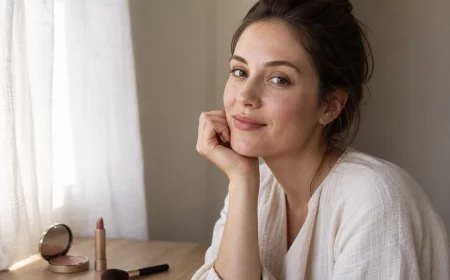 Schminken für Anfänger, junge Frau mit natürlichem Tages-Make-up am Fenster